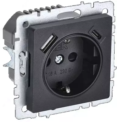 Розетка BRITE с з/к/ш 16А с USB A+C 18Вт РЮш11-1-БрЧ черный IEK