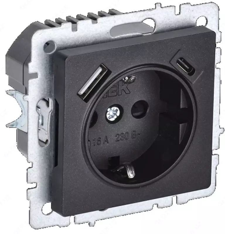Розетка BRITE с з/к/ш 16А с USB A+C 18Вт РЮш11-1-БрЧ черный IEK
