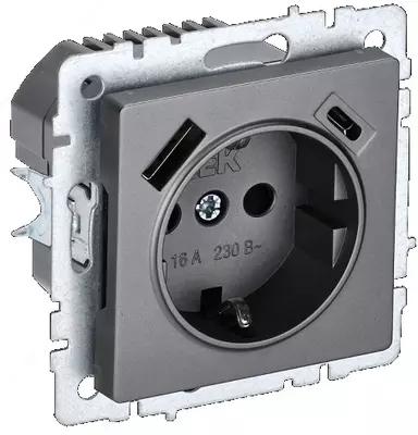 Розетка BRITE с з/к/ш 16А с USB A+C 18Вт РЮш11-1-БрС сталь IEK