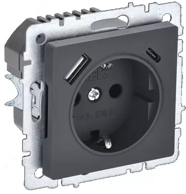 Розетка BRITE с з/к/ш 16А с USB A+C 18Вт РЮш11-1-БрГ графит IEK