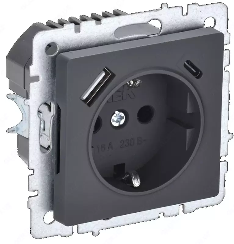 Розетка BRITE с з/к/ш 16А с USB A+C 18Вт РЮш11-1-БрГ графит IEK
