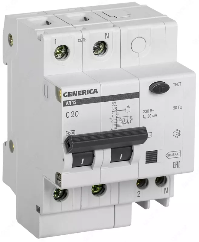 Differensial avtomatik o'chirgich AD12 2P 20A 30mA GENERICA (IEK)