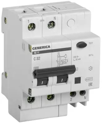 Дифференциальный автомат АД12 2Р 32А 30мА GENERICA (IEK)