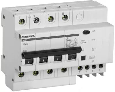 Дифференциальный автомат АД14 4Р 40А 30мА GENERICA (IEK)