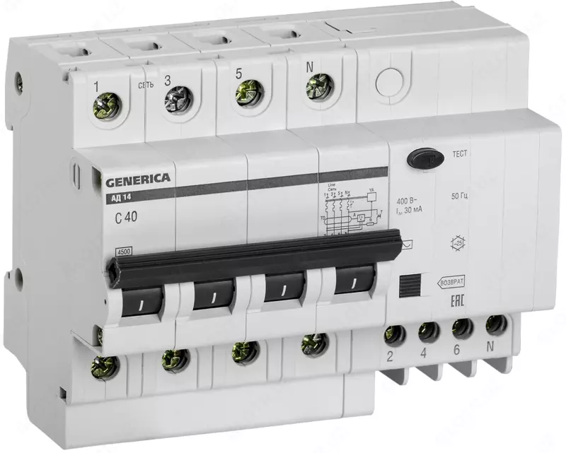 Дифференциальный автомат АД14 4Р 40А 30мА GENERICA (IEK)