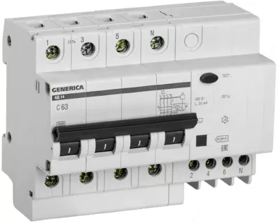 Дифференциальный автомат АД14 4Р 63А 30мА GENERICA (IEK)