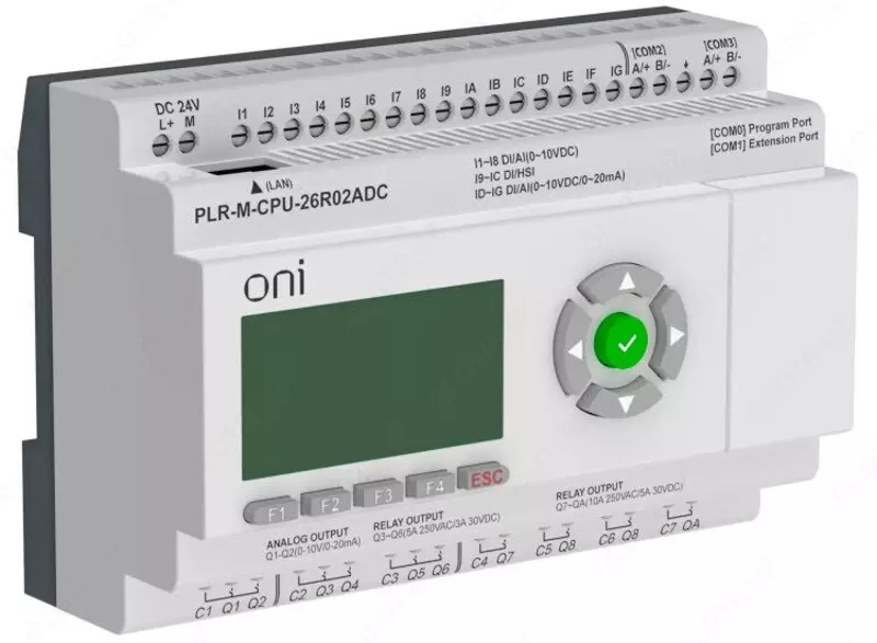 Микро ПЛК ONI, 16 дискретных входов, 4 релейных выходов, 2 аналоговых выхода IEK (расширяемая версия)