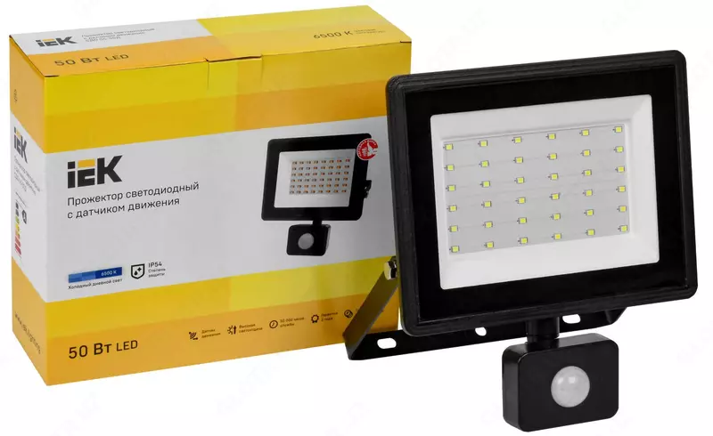 Прожектор СДО 06-50Д светодиодный с датчиком движения черный IP54 6500K IEK