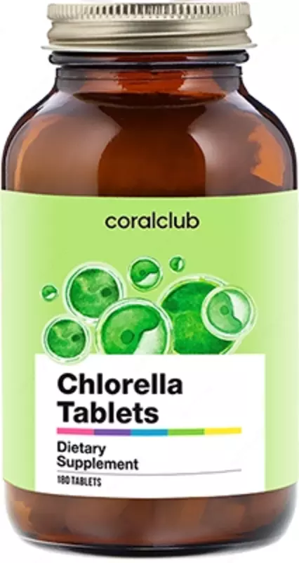 Coral Club-dan Chlorella 180 tabletkalari (Chlorella planshetlari).