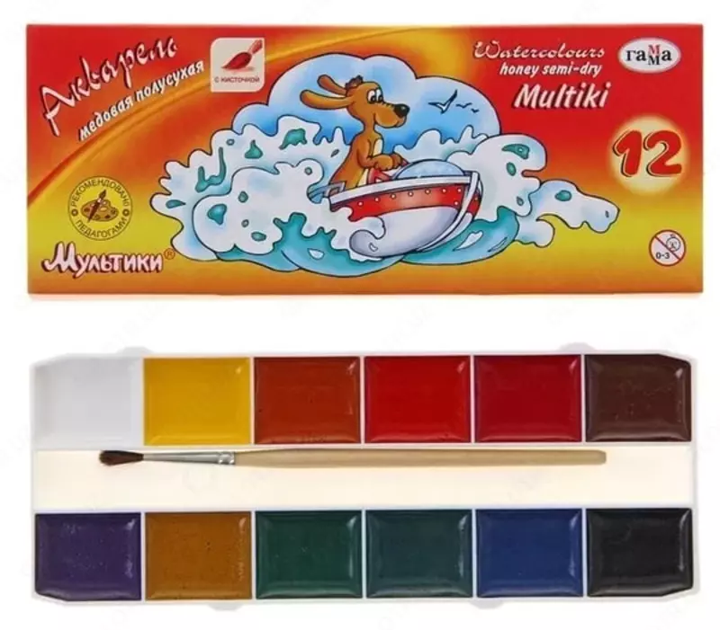 Акварель Гамма Мультики  медовая  с кисточкой  12 цв. (Арт. - 211049)