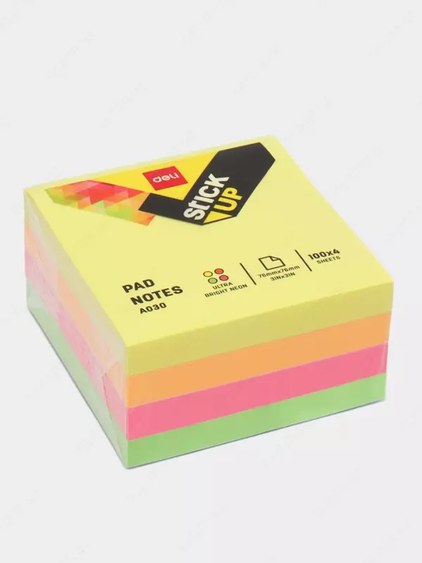  Стикеры с клеевым краем Deli 76 х 76 мм  100 л х 4 цв (Арт. - 03003-EA) Неон. ассорти - 