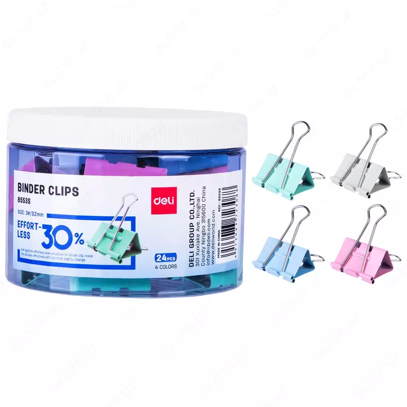 Упаковка металлических зажимов для бумаг Deli 32 мм  24 шт. (Арт. - 8553S) Цв. ассорти