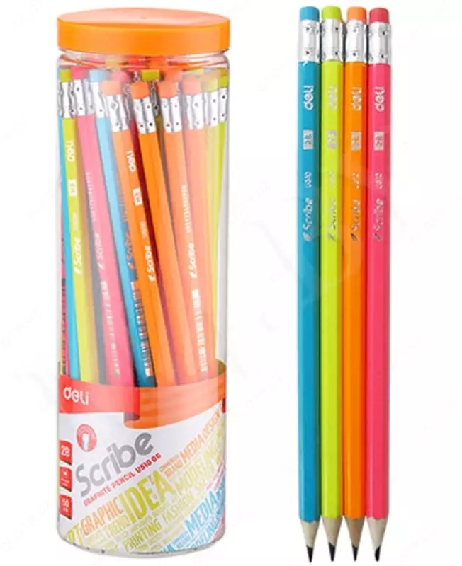 Чернографитный карандаш с ластиком Deli Scribe  2В  дерево  туба (Арт. - 51006-EU) Ассортимент