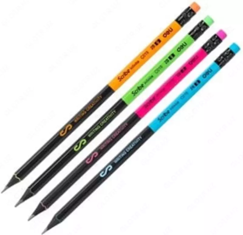  Чернографитный карандаш с ластиком Deli Scribe С019  2В  дерево (Арт. - 019-2B-C-12) Ассортимент - 