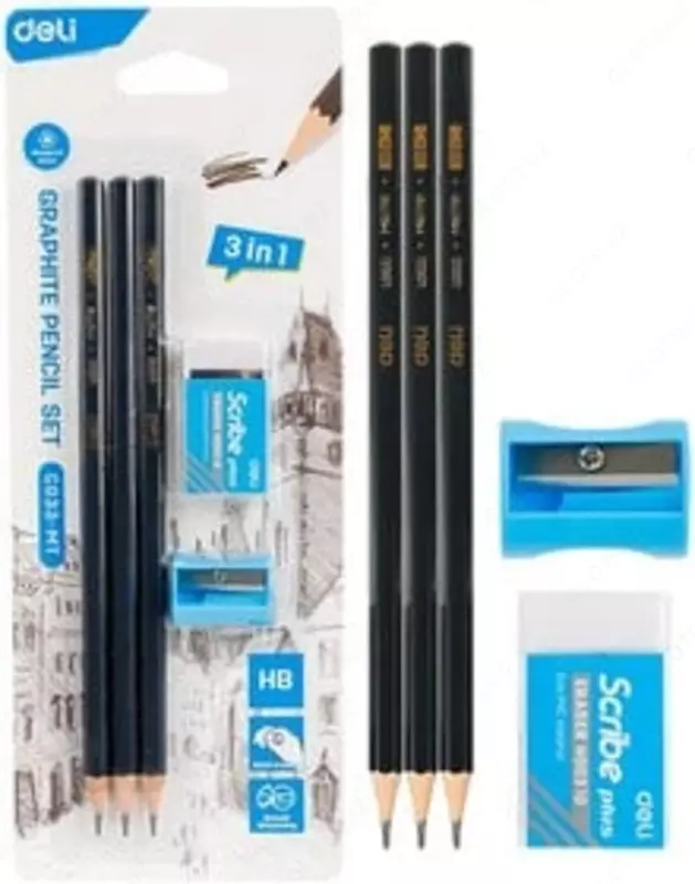 Набор чернографитных карандашей с ластиком и точилкой Deli НВ  3 шт. (Арт. - EC033-MT)