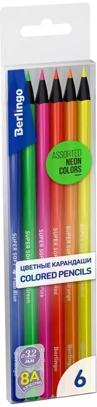 Набор цветных карандашей Berlingo SuperSoft. Fluo  6 цв  черное дерево  ПВХ уп. (Арт. - SSF0506)
