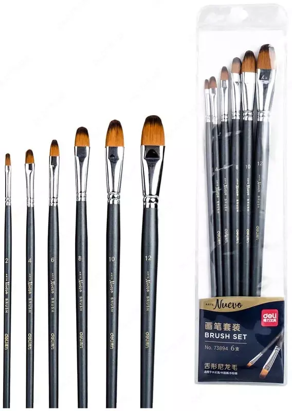 Набор художественных плоских кистей Deli Nuevo  нейлон  6 шт  средней жесткости (Арт. - 73894)