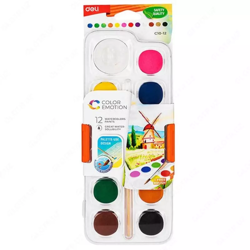 Акварель Deli Color Emotion  с кисточкой  12 цв. (Арт. - 10-12-EC)
