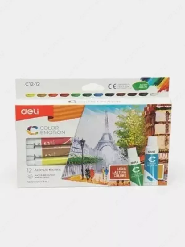  Акриловые краски Deli Color Emotion  туба  12 мл  12 цв.  карт. уп. (Арт. - 12-12-C)