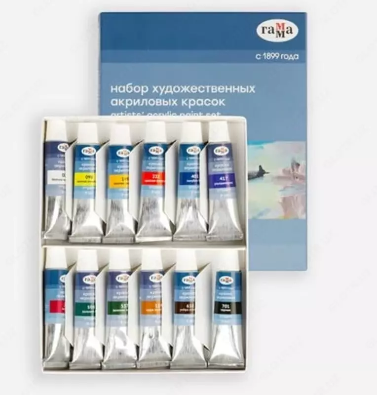 Декоративные акриловые краски Гамма Студия  туба  9 мл  12 цв.  карт. уп. (Арт. - 15032021)