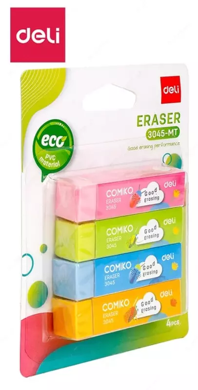 Корректирующий ластик Deli Comiko  60 х 15 х 15 мм  блистер  4 шт. (Арт. - 3045-MT-E) Цветное ассорти