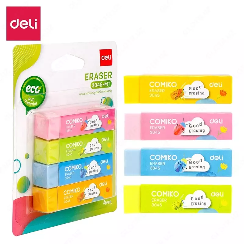   Корректирующий ластик Deli Comiko  60 х 15 х 15 мм  блистер  4 шт. (Арт. - 3045-MT-E) Цветное ассорти