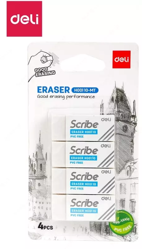 Корректирующий ластик Deli Scribe  40 х 17 х 12 мм  блистер  4 шт. (Арт. - 00110-MT-EH) Белый