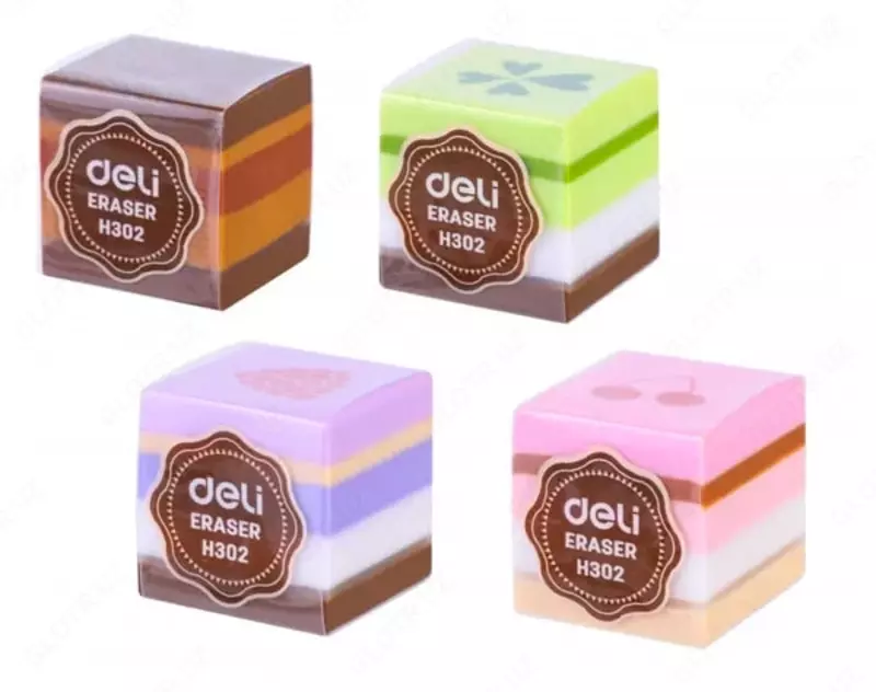 Tuzatish ochirgichi Deli Kek  25 x 25 x 25 mm  ind. PVX paketi (Art. - 302-H) Turli ranglar