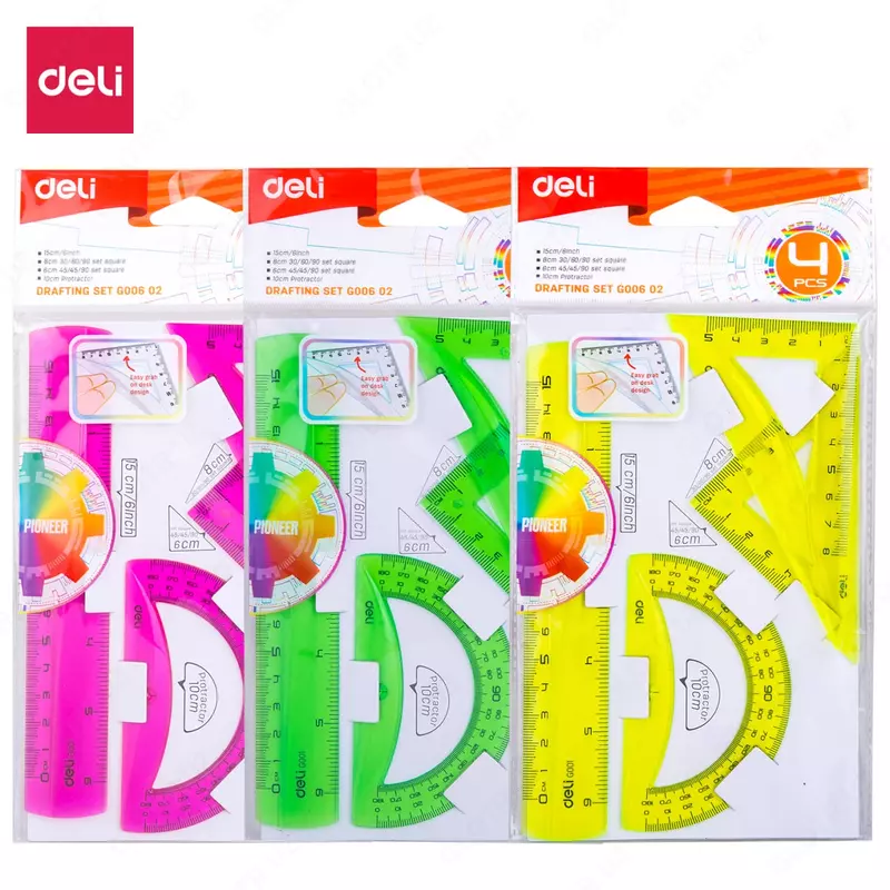 Комплект пластиковых линеек Deli Рioneer  15 см  4 шт.  ПВХ уп. (Арт. - 00602-EG) Неоновое ассорти
