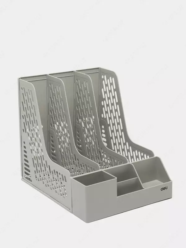 Hujjatlar uchun plastik organizator laganda Deli 255 × 320 × 275 mm  3 bolinma. (Art. - 00112-EZ) Ochiq/kulrang