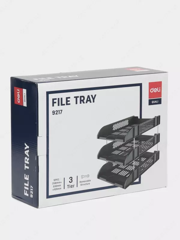  Лоток сборный пластиковый для документов Deli  горизонтальный  258 × 330 × 109 мм  3 яруса. (Арт. - 9217) Черный Только в розницу