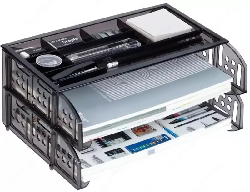   Лоток-органайзер пластиковый для бумаг Стамм Field  горизонтальный  335 х 225 х 78 мм  2 лотка/7 отд. (Арт. - ЛТ694) Тонир. серый