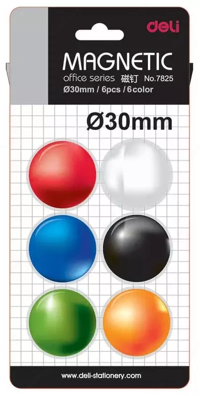 Упаковка магнитов для белой доски Deli  диам. 30 мм  6 шт. (Арт. - 7825) Цветное ассорти