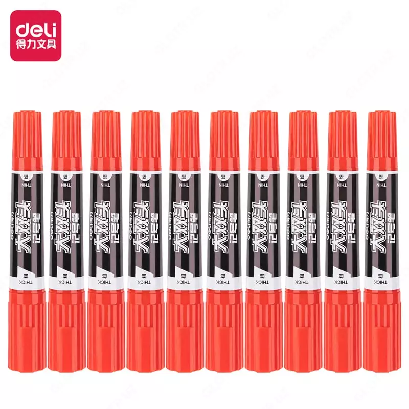 Перманентный маркер Deli Thick  1.5-5 мм  двусторонний (Арт. - 555-ESrd) Красный