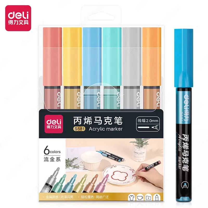 Упаковка акриловых маркеров Deli Paint  наконечн. 2 мм  6 шт. (Арт. - 581-S) Цветное ассорти