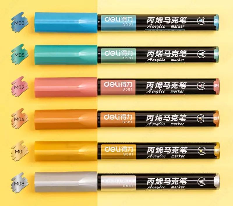  Упаковка акриловых маркеров Deli Paint  наконечн. 2 мм  6 шт. (Арт. - 581-S) Цветное ассорти - 