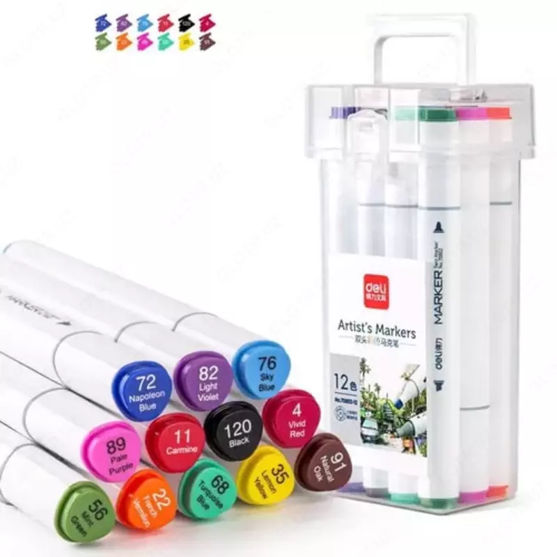 Набор скетч-маркеров Deli Artists  двусторонние  наконечн. 1-6 мм  12 шт.  пласт. бокс (Арт. - 70802-12) Цветное ассорти