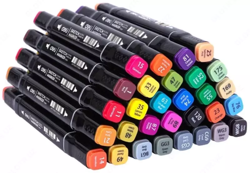  Набор скетч-маркеров Deli двусторонние  наконечн. 1-6 мм  30 шт.  текст. бокс (Арт. - 70806-30) Цветное ассорти - 