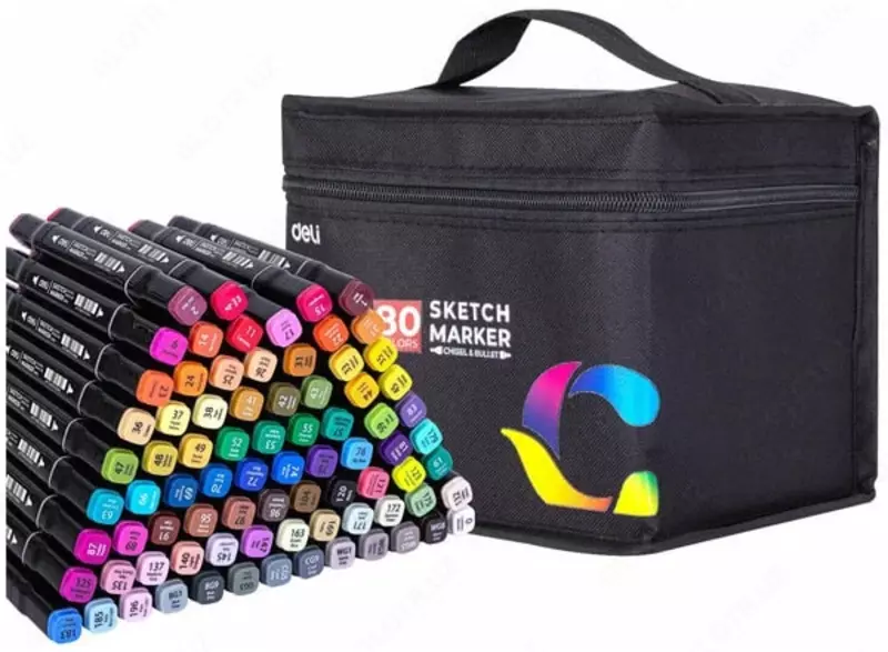 Набор скетч-маркеров Deli двусторонние  наконечн. 1-6 мм  80 шт.  текст. бокс (Арт. - 70806-80) Цветное ассорти