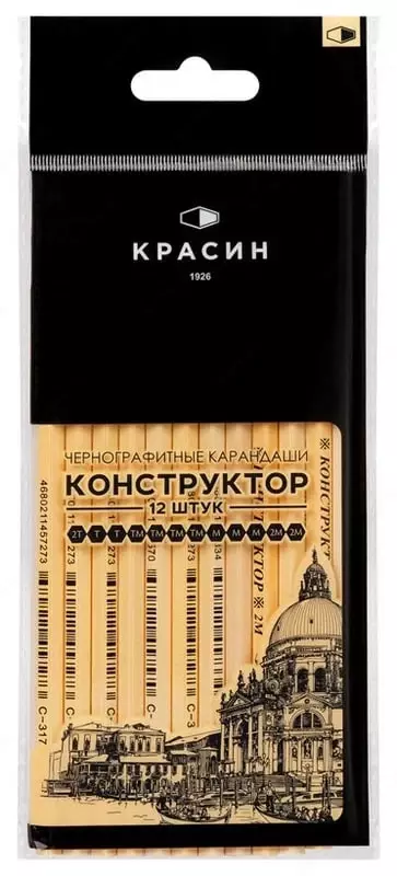 Набор чернографитных карандашей без ластика Красин Конструктор  12 шт.  шестигран. ПП. уп. (Арт. - С-350) Ассортимент