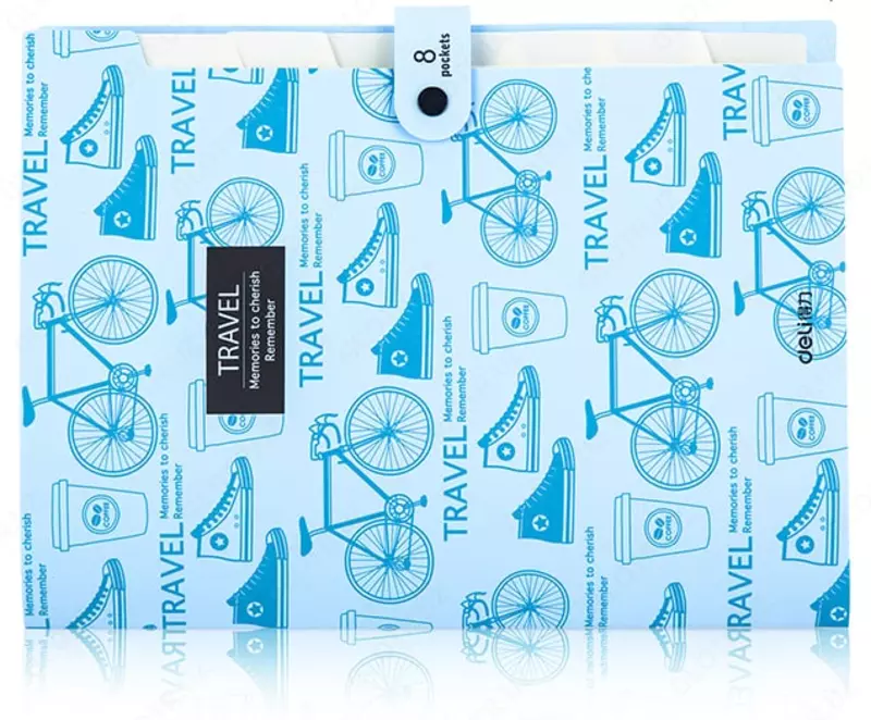 Пластиковая папка-картотека для документов Deli Travel  8 отд.  245 х 325 х 15 мм  заст. кнопка (Арт.- 5737) Ассортимент