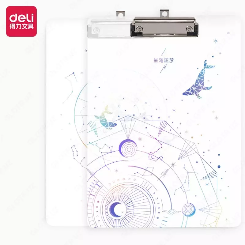 Papkali tekis (yuqori qisqich) Deli  A4  600 mikron  225 x 315 x 2 5 mm (Art. - 72603) Shaffof/dekor