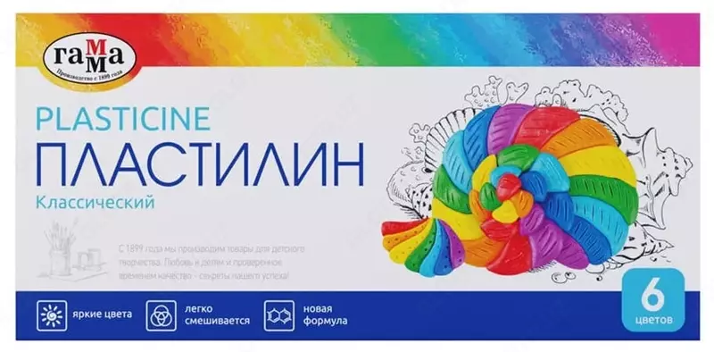 Художественный пластилин Гамма Классический  6 цв.  120 гр.  стек  карт. уп (Арт. - 281030)