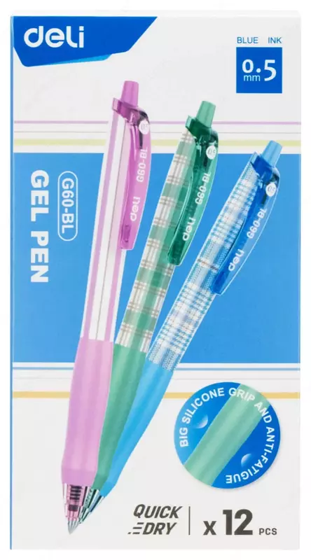  Гелевая автоматическая ручка Deli Quick DRY  0.5 мм  синяя (Арт.- 60-BL-G) Цв. ассорти - 