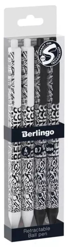   Шариковая автоматическая ручка Berlingo Monochrome  0.7 мм  синяя  грип  4 шт. (Арт.- CBm_07S01_4) Белая/черная