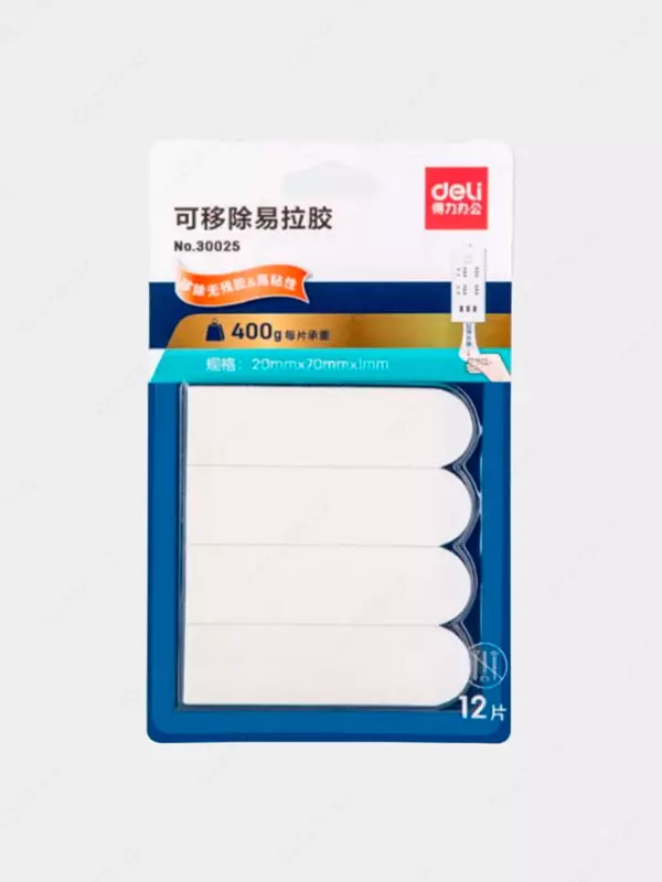 Yopishqoq lenta toplami Deli 20 x 70 mm  ikki tomonlama  12 dona. (30025-modda) Oq