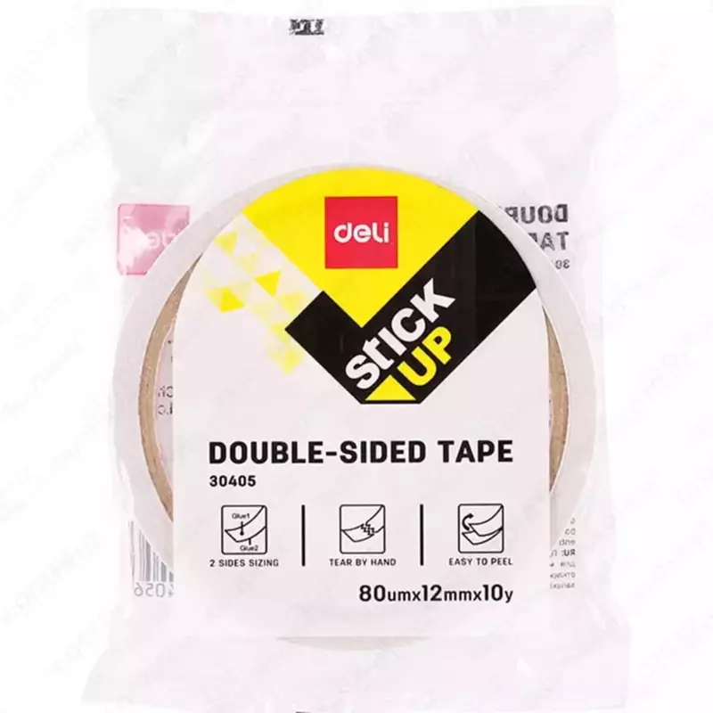 Yopishqoq universal lenta Deli 12 mm x 9 m  ikki tomonlama  paket. PE (Art. - 30405) Oq
