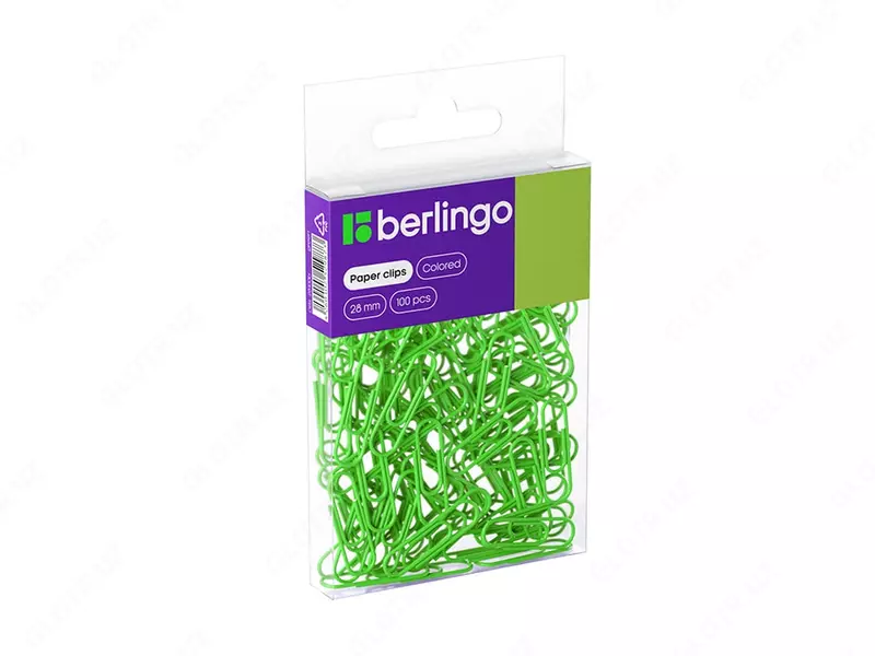 Упаковка цветных канцелярских скрепок Berlingo 28 мм  100 шт.  ПВХ уп. (Арт.- DBs_28100b) Зеленые