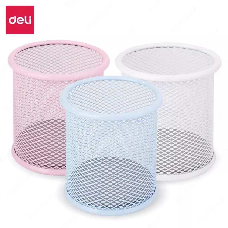 Круглый стакан для ручек Deli 1 секц.  металл. сетка  d 91 x 98 мм  карт. уп. (Арт. - 9153) Цв. ассорти