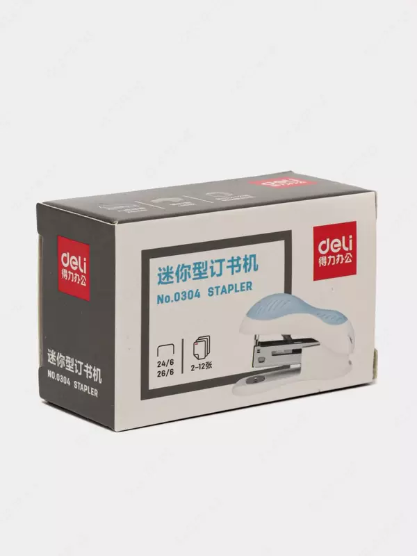   Канцелярский мини-степлер Deli № 24/6  15 листов  карт. уп. (Арт.- 0304bl) Белый/голубой
